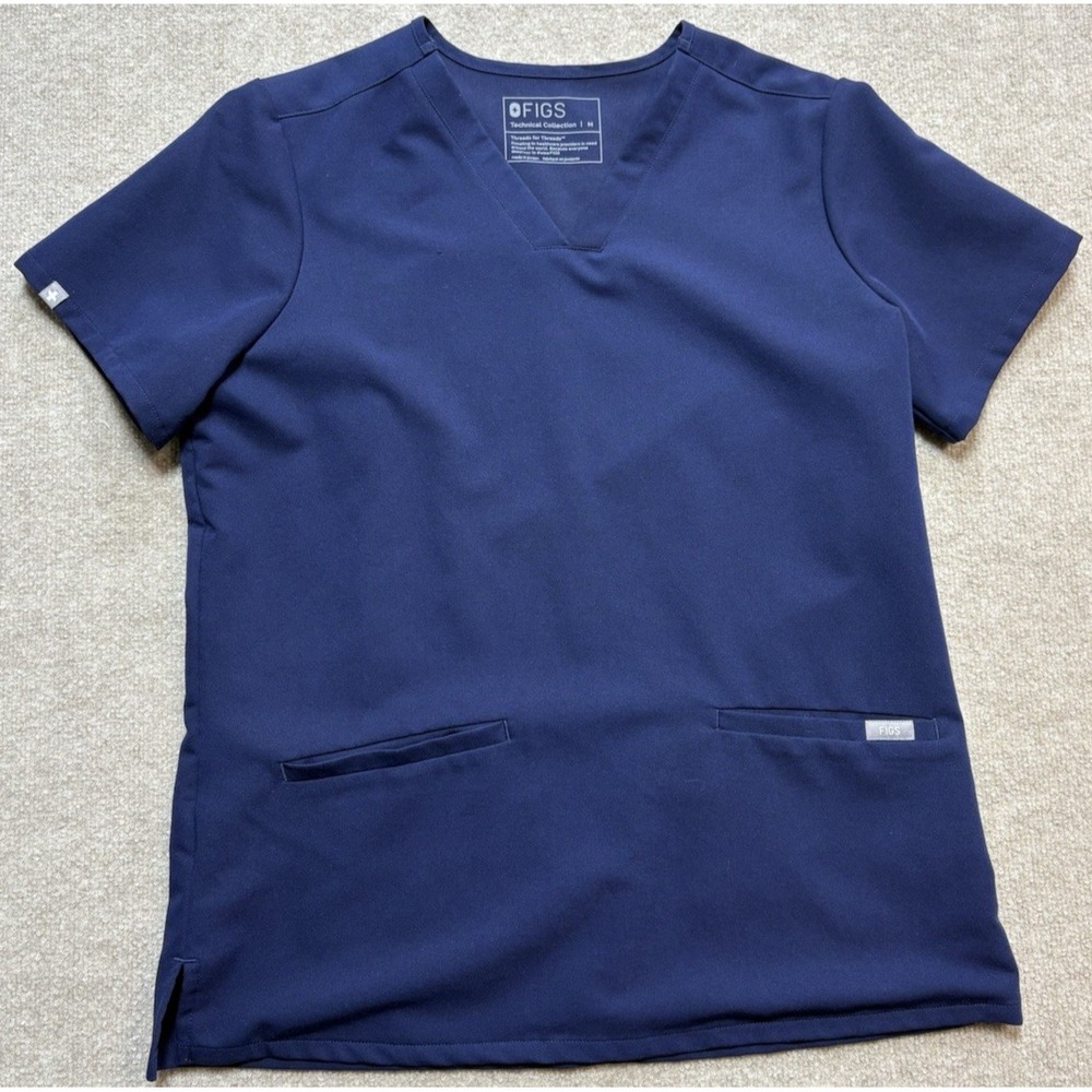 Women' Figs Scrub Top Medium Blue Technical Collection V-Neck Piping Medical EUC